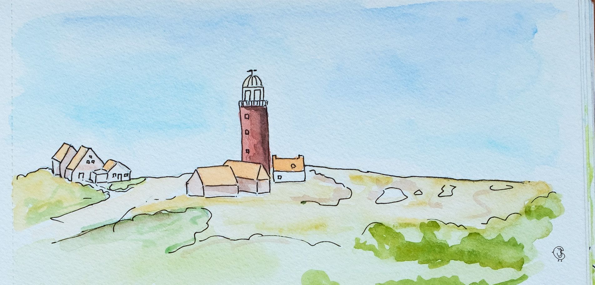 A hand drawn picture with a lighthouse in the dunes, surrounded by a few houses 